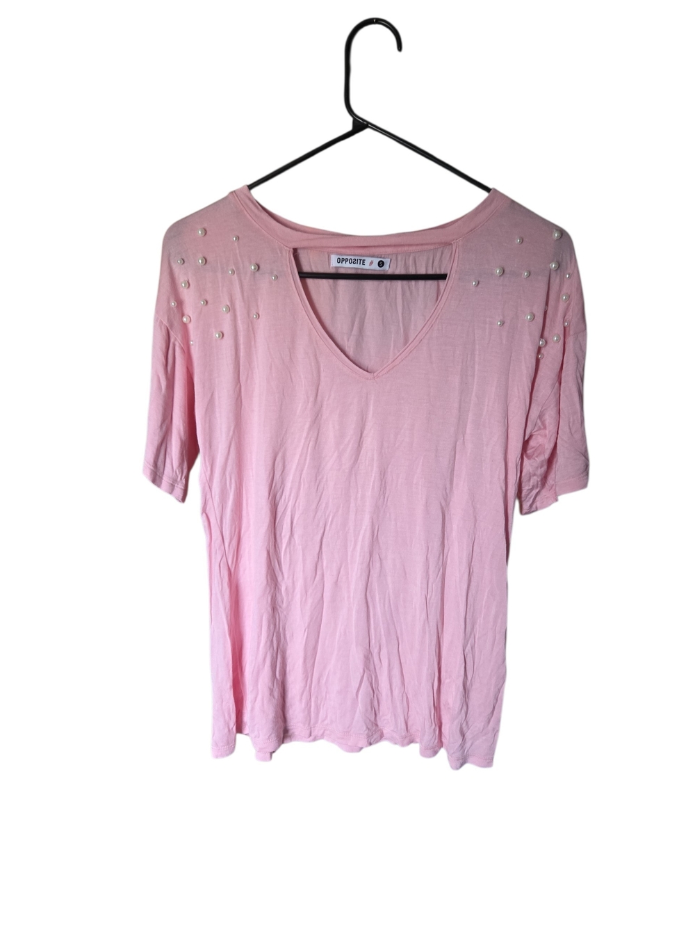 Opposite Pink Pearl Beaded V-Neck Top Cutout Back Slouchy Tee Shirt Size Small